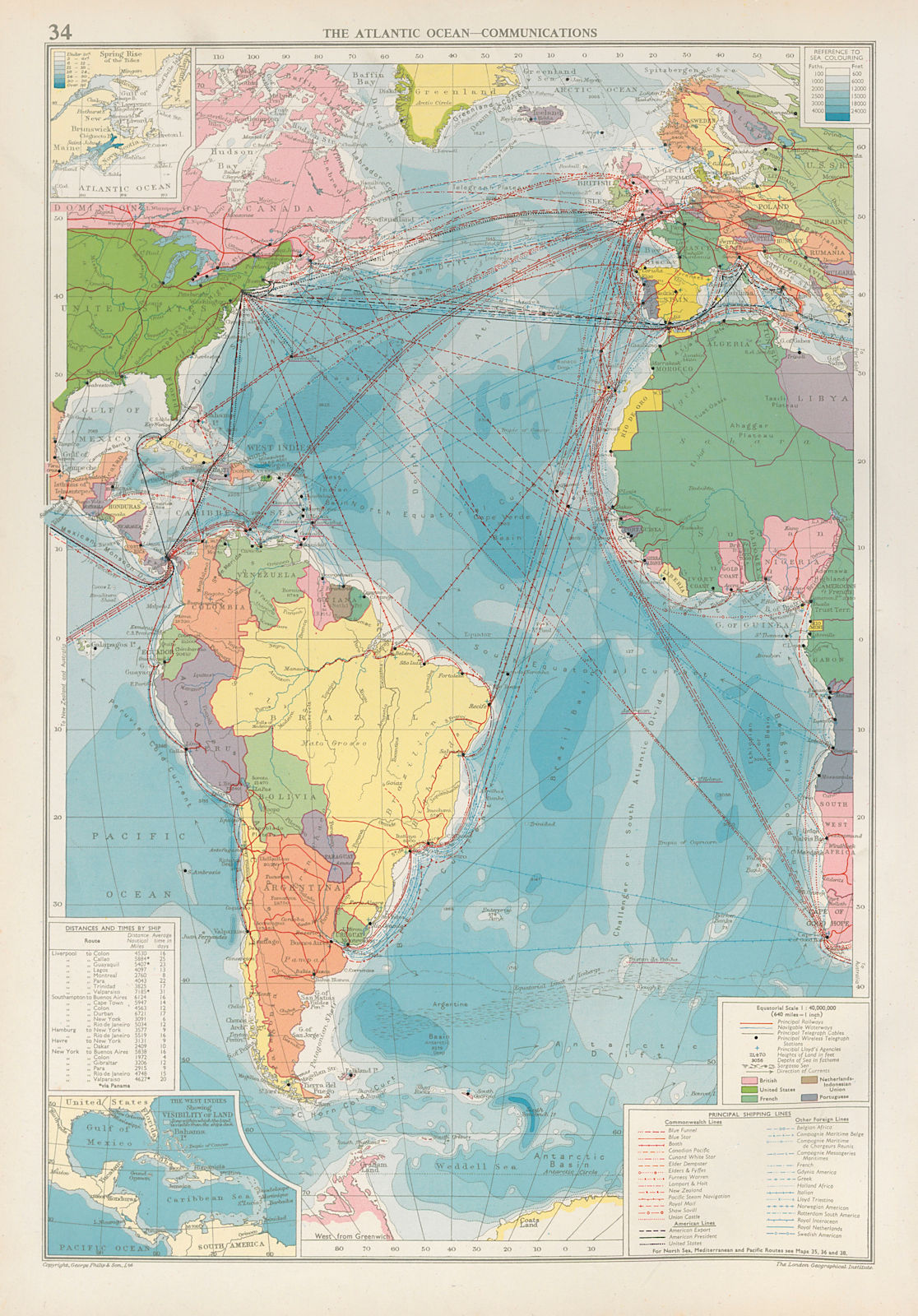 Atlantic Ocean. Cables Wireless Stations Land visibility Shipping lines 1952 map